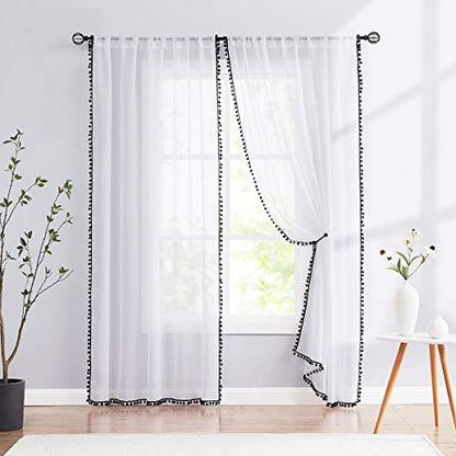 Sheer White Curtains with Black PomPom Trim for Living Room 52x84"Drape 2pc - color: White - Black, size: 52"W x 84"L (Pack of 2)