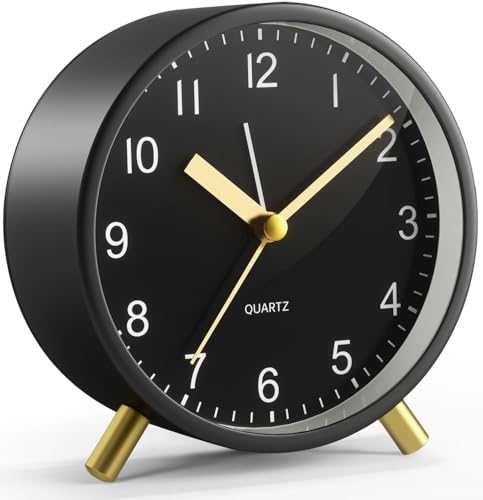 Silent Analog Quartz Kids Alarm Clock, Round Metal, Night Light - color: Black