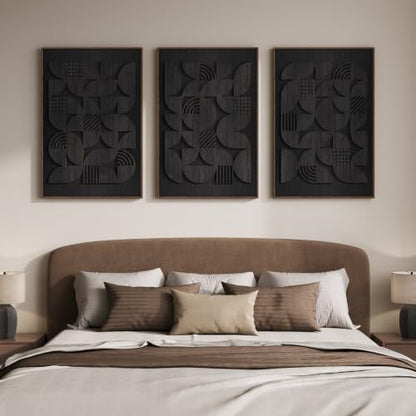 Framed 3D Wood Black Abstract Textured Wall Decor Living Room, 24x36 Inch - color: Black