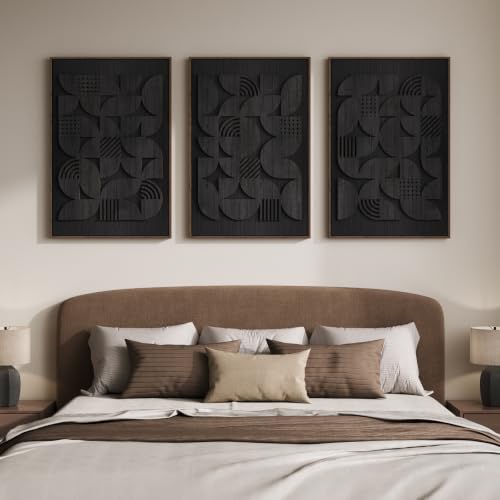 Framed 3D Wood Black Abstract Textured Wall Decor Living Room, 24x36 Inch - color: Black