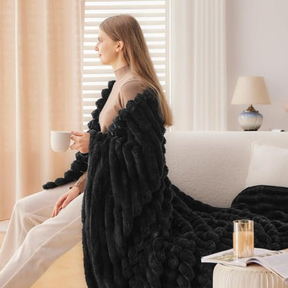 NEWCOSPLAY Fleece Ribbed Cozy King Blanket for Couch, Black, 90"x110" - color: Black Ribbed, size: King(90"x110")