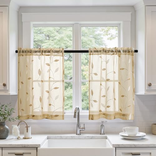 MIULEE Beige Sheer Curtains 2 Panels Embroidered Leaf Patterned, W30 x L24 - color: Beige, size: 30"W x 24"L (Pack of 2)