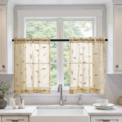 MIULEE Beige Sheer 30x36 Inches Length 2 Panels Embroidered Leaf Patterned - color: Beige, size: 30"W x 36"L (Pack of 2)
