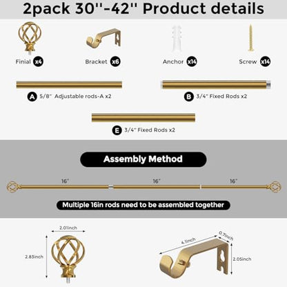 2 Pack Gold Curtain Rod 30-42 Inch, Adjustable Curtain Rods for Windows - color: Brass Gold, size: 30"-42"|2 Pack