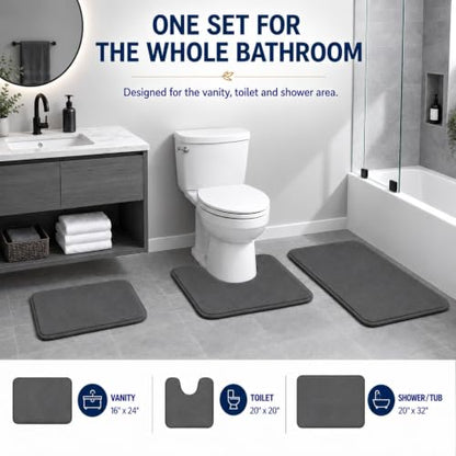 Bathroom Rugs Extra Soft Memory Foam Bath Mat Sets 3 Piece Non Slip Absorbent & Dry Living Mat Sets Washable Bath Carpets with Toilet Rug,Bath Rugs for Bathroom,Tub,Shower,Kitchen,Bedroom - color: Graphite Gray