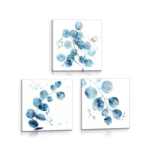 Leaf Plant Canvas Wall Art: Watercolor Botanical Picture Blue Eucalyptus Leaves Print Minimalist Nature Painting Decor 3 Piece Bedroom Living Room Artwork - color: Leaf, size: 16"x16"x3pcs