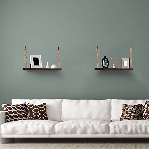 Rope Hanging Floating Shelves, Rustic Wood Wall Decor Swing Shelf with 4 Hooks, Pack of 2