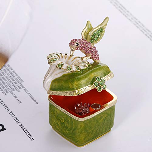 Hand Painted Enamel Hinged Trinket Box, Unique Mini Ring Necklace Jewelry Organizer, Classical Antique Bejeweled Storage, Figurine Collectible Keepsake Home Decor (Hummingbird on Box)
