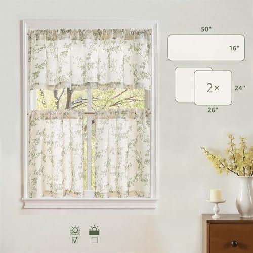 jinchan Green Linen Floral Kitchen Tier Curtains and Valance Set 3 Pieces - color: Alisa | Green on Linen, size: 26"W x 24"L (Pack of 3)