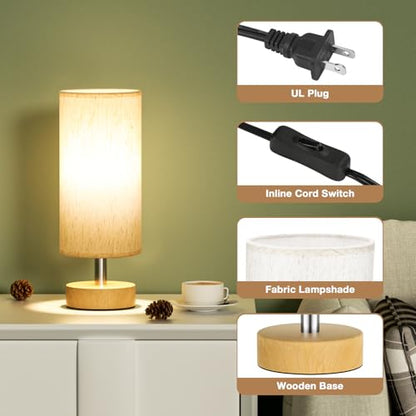 Table Lamp for Bedroom（Cream Shade - Wood Base, 11.6" Inline Control） - color: Cream Shade-Wood Base 1pc, size: 11.6" Inline Control