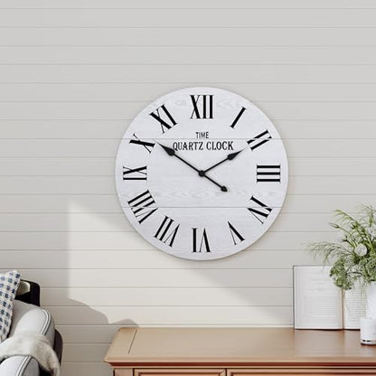 ARTPOWER 24" Extra Large Farmhouse Wall Clock,Solid Wood Veneer,White - color: White, size: 24"W x 24"H