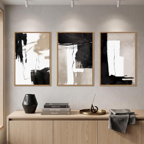 Celestdeco Abstract Black White Brown Framed Canvas Wall Art Set-16"x24"x3 - color: Black and Brown Wall Art, size: 16"L x 24"W