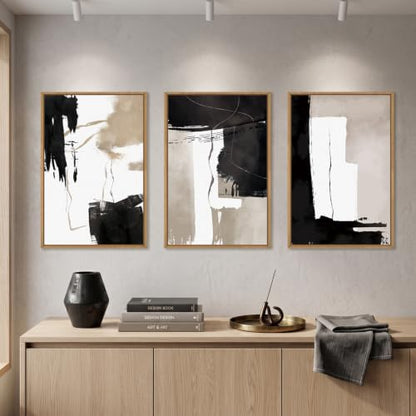 Celestdeco Abstract Black White Brown Framed Canvas Wall Art Set-24"x36"x3 - color: Black and Brown Wall Art, size: 24"L x 36"W