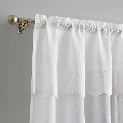 LinenZone 96 Inch White Embroidered Leaf Curtains. (Emma 54 x 96, White) - color: White, size: 54"W x 96"L (Pack of 2)