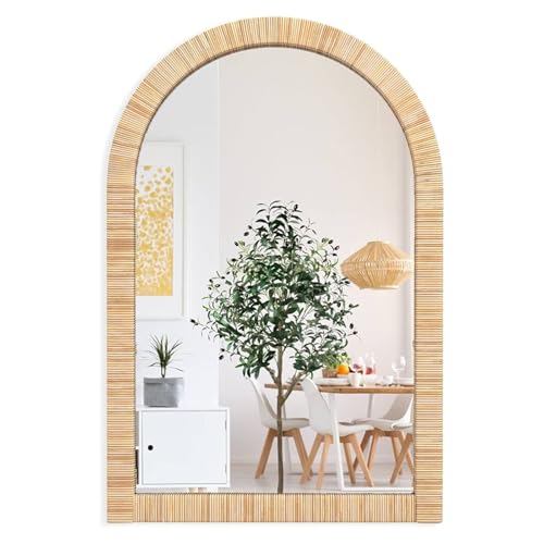 Decorative Rattan Wall Mirror, Boho Bathroom Modern Makeup Mirror, Rustic Wall Bohemia Mirrors for Bedroom, Living Room, Vanity Versatile Farmhouse, Nursery, Bathroom, 36"x24", Arched - color: Arched, size: 24"L x 36"W