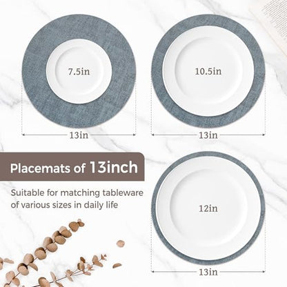 13" Round Placemats Set of 6, Reversible Faux Leather Wipeable Table Mats - color: Light Blue