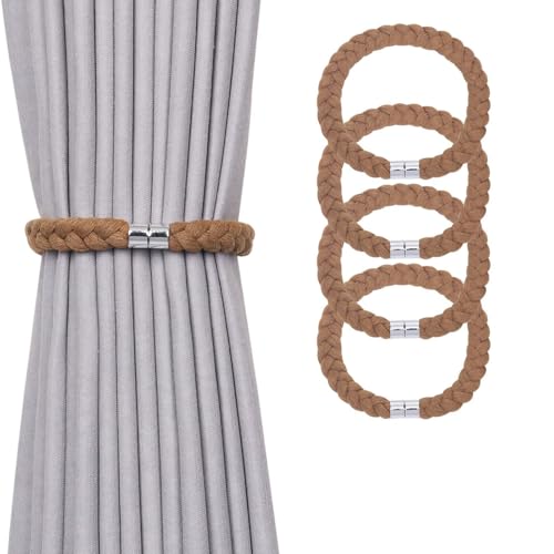 NICEEC 4 Pack Natural Cotton Rope Magnetic Curtain Tiebacks Elegant Twisted Braid Style Drape Tie Backs Soft Hand-Woven Rope Curtain Holdbacks for Home & Office Window Draperies (Khaki-01) - color: Khaki-01, size: 4 Pack