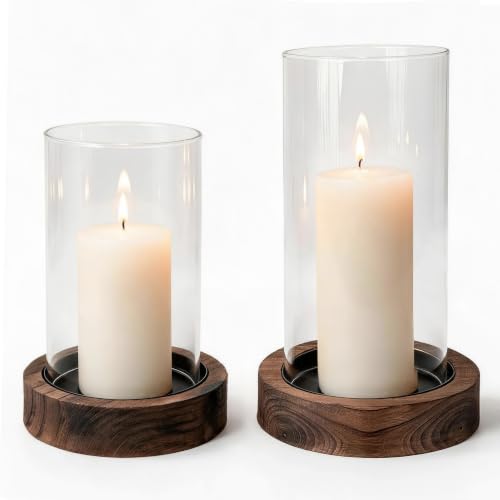Hurricane Candle Holder Wooden: Set of 2 Candle Holder Pillar with Wood Base Clear Glass Sleeve – Rustic Wooden Candle Holders for Home Decor, Weddings, Table Centerpiece(Brown) - color: Brown