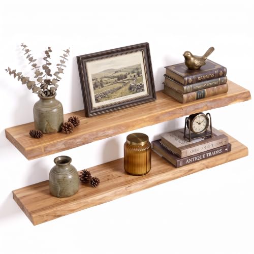 36in Live Edge Solid Elm Floating Shelves, Natural, Set of 2 - color: Natural Color, size: Live Edge 36 inch, 2Packs