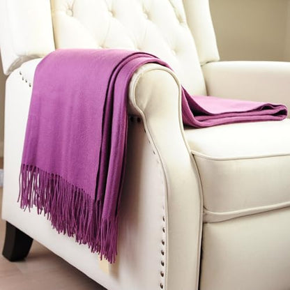 CUDDLE DREAMS Premium Cashmere Throw Blanket with Fringe (Plum) - color: Plum
