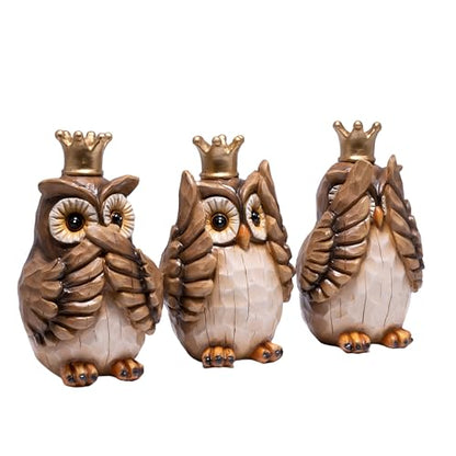 Hodao See No Evil Owl Figurines 3PCS, Crown Owl Decor, Home & Office Accent - color: Three Wise Owl