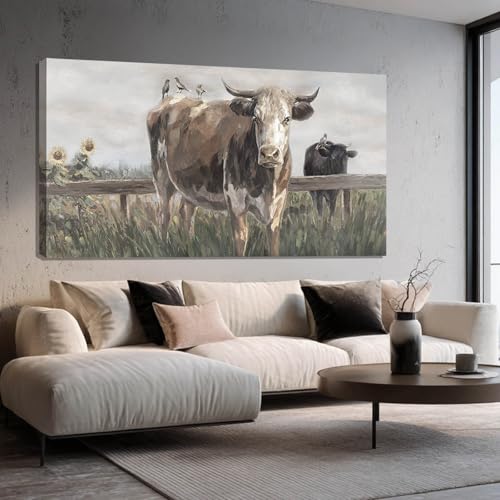 ZENPEE Large Brown and Black Cow Canvas Wall Art – Vintage Farmhouse Animal Decor for Bedroom, Bathroom, Office, Fireplace & Kitchen, 29 x 58 Inch - color: Taupe, size: 58"L x 29"W