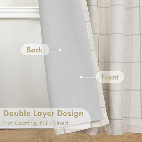 DriftAway 100% Blackout Plaid Linen Curtains 102 Inches Long 2 Panels Taupe - color: Taupe, size: 52"W x 102"L (Pack of 2)