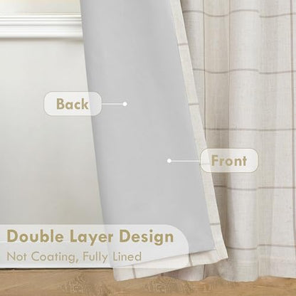 DriftAway 100% Blackout Plaid Linen Curtains 102 Inches Long 2 Panels Taupe - color: Taupe, size: 52"W x 102"L (Pack of 2)
