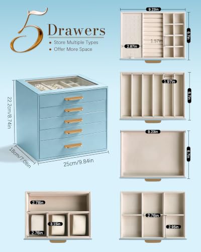 Homeanda Jewelry Boxes Organizer with Glass Lid, 5-Layer PU Leather, Blue - color: Smoky Blue, size: 5 Layer