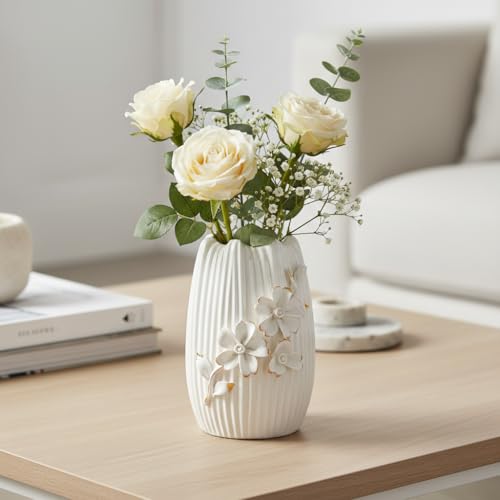 White Ceramic Vase,7 Inch Textured Modern Flower Vase - color: White, size: 7 inch