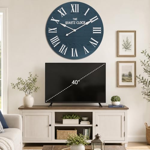ARTPOWER 35.5" Extra Large Farmhouse Wall Clock,Solid Wood Veneer,Navy Blue - color: Blue, size: 35.5"W x 35.5"H