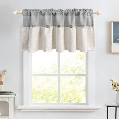 Farmhouse Boho Linen Button Valance for Kitchen Window Dining Room - color: Grey, size: 39"W x 20"L (Pack of 1)