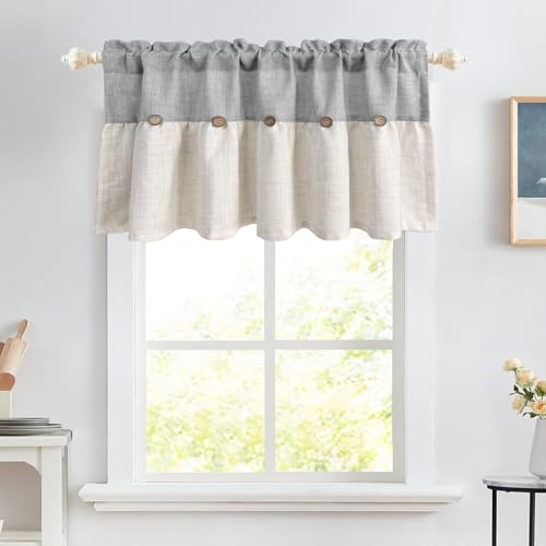 Farmhouse Boho Linen Button Valance for Kitchen Window Dining Room - color: Grey, size: 39"W x 20"L (Pack of 1)