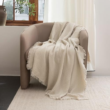FOSSA Muslin Blanket 4-Layer 100% Cotton Gauze Blanket with Fringe 50"x70" - color: Beige, size: Throw XL (50" × 70")
