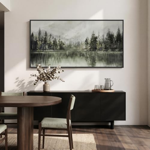 Framed Pine Tree Forest Lake Landscape Wall Art for Living Room, 60x30 Inch - color: Gray Green