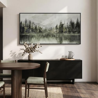 Framed Pine Tree Forest Lake Landscape Wall Art for Living Room, 60x30 Inch - color: Gray Green