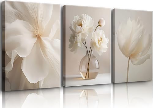 DIACEES 3 Pcs White Peony Wall Art Beige Floral Wall Decor Neutral Modern Aesthetic Poster Canvas Prints Perfect for Gallery, Bedroom, Living Room Home Wall Decor Ready to Hang (12x16 Inch Canvas) - color: White Peony Wall Art, size: 12L" x 16W"
