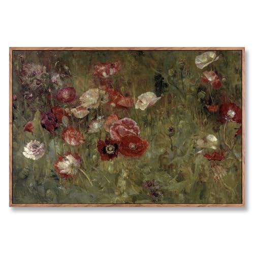ElfLuna Wood Framed Canvas, Vintage Poppy Floral Botanical Still Life Print | Vintage poppy floral framed canvas. Retro farmhouse style, HD print, solid wood frame, lovely indoor wall decor. - color: A Bed of Poppies, size: 24"L x 16"W
