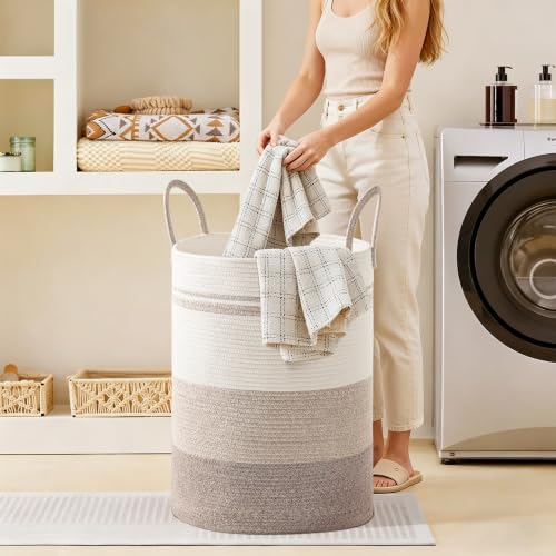 53L Tall Cotton Rope Laundry Basket with Handles, Brown Striped - color: Brown Striped, size: 53L