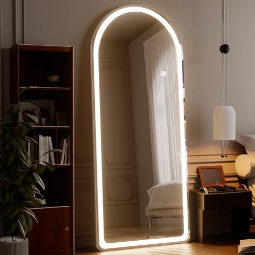 Arch LED Mirror Full Length - 26" x 71" Arched Top Rounded Corners Floor Full Body Mirror with 3 Color Lights Brightness Adjustable, Standing Leaning for Bedroom, Dressing Room, White - size: 71"L x 26"W