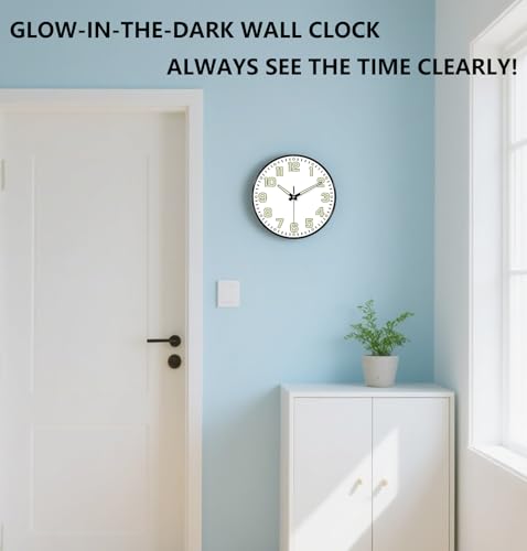 Glow in The Dark Wall Clock, 8" Silent Non-Ticking Wall Clocks Battery Operated, Large Easy Read Numbers Tempered Glass Night Light Analog Clock for Bedroom Living Room Kitchen Office, White - color: White Green, size: 8 Inch