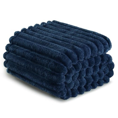 Exclusivo Mezcla Striped Queen Size Fleece Blanket for Bed, Couch, 90"x90" - color: Navy Blue, size: Queen ( 90x90 IN )