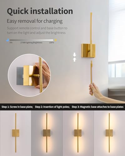 KDG Gold 23.6" Cordless Wall Sconces Set of 2, Wireless LED Wall Lamps - color: Gold - 2 Pack (23.6 inch)