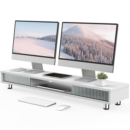 Fenge Dual Monitor Stand with Storage, Desk Shelf with Glass Sliding Door - color: White