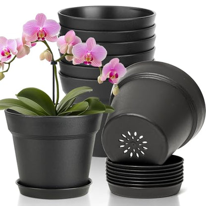 T4U Plant Pots Indoor 6 Inch 8 Pack, Plastic Flower Pots with Saucer Black - color: Black, size: 6 inch