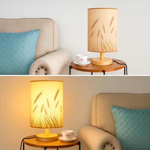 Desk Lamp LED Bulb Included, Small Bedside Table Lamp Plug-in - Classic Wood Base with Flaxen Fabric Shade, Lamps for Night Stands, Simple Nightstand Light for Bedroom, Office, Desk - color: Wheat Ear