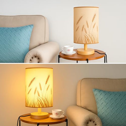 Desk Lamp LED Bulb Included, Small Bedside Table Lamp Plug-in - Classic Wood Base with Flaxen Fabric Shade, Lamps for Night Stands, Simple Nightstand Light for Bedroom, Office, Desk - color: Wheat Ear