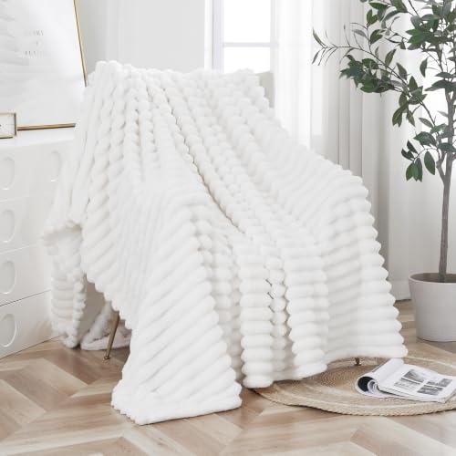 Taliska Ribbed Fleece Throw Blanket for Bed, White, 90"x90" - color: White, size: Throw(90"x90")