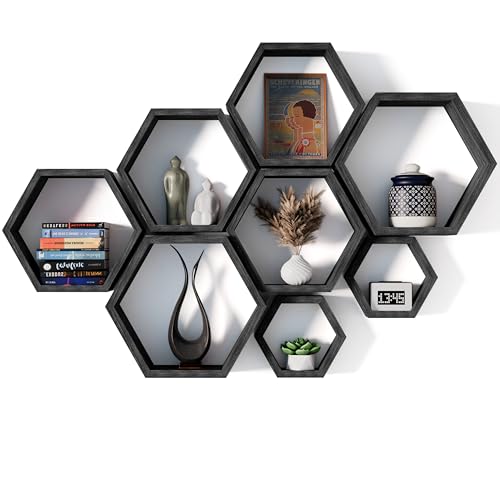Hexagon Floating Shelves Set of 8 Honeycomb Shelves for Wall, Wooden Hexagon Shelves for Farmhouse Storage - color: Carbonized Black