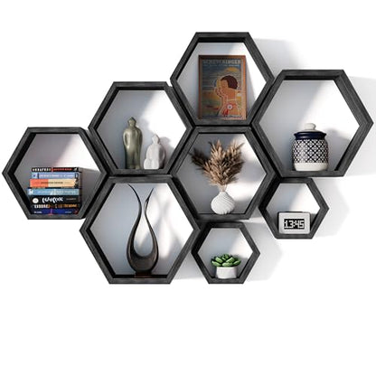 Hexagon Floating Shelves Set of 8 Honeycomb Shelves for Wall, Wooden Hexagon Shelves for Farmhouse Storage - color: Carbonized Black